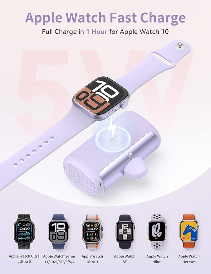 RORRY PalmGo Portable Charger, 10000mAh PD 22.5W Fast Charging Mini Power Bank with Built-in USB C Connector, 3-in-1 Battery Pack for iPhone 17/16/15 Pro/Max, Apple Watch Ultra/11/10/SE, iPad, White
