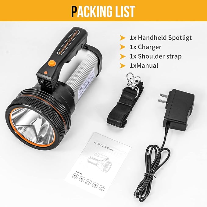 Rechargeable Searchlight Handheld LED Tactical Flashlight with Handle Spotlight High-Power Super Bright Torch with USB Output Torch (Silver)