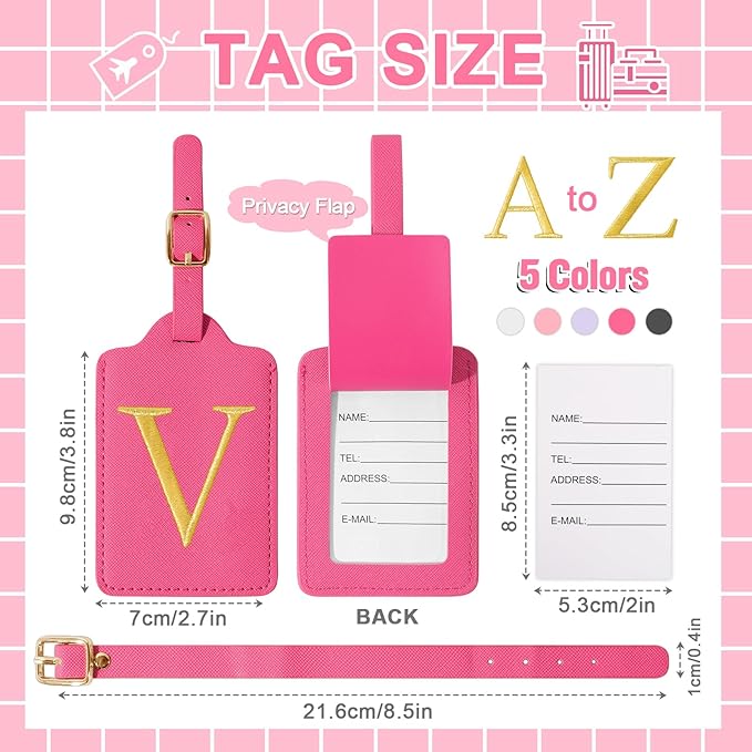 Rose Red Personalized Initial Leather Luggage Tags with Privacy Cover Name Card, Custom Monogram Embroidered Cute Travel Backpack Tag Gifts for Women & Kids