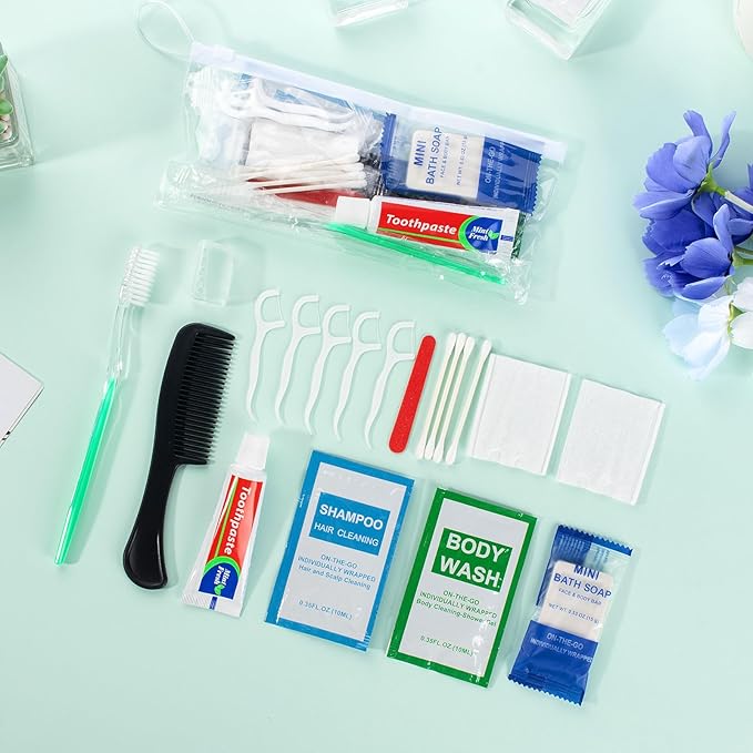 30 Sets Personal Hygiene Kit Bulk,10-IN-1 Green Individually Wrapped Disposable Travel Toothbrushes and Hotel Vanity Set Basic Toiletry Supplies for Homeless,Guests,Charity