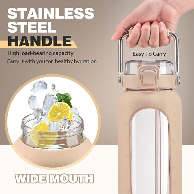 BLUEGO 64oz Water Bottle Glass with Stainless Steel Handle Large Water Bottle with Time Markers and Silicone Sleeve Half Gallon Water Jug BPA Free for Gym Daily Use, Amber