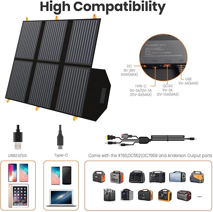 [Upgraded] FlexSolar 60W Portable Solar Panels Chargers QC3.0 USB-A USB-C DC5521 8mm Output Foldable IP65 Waterproof Power Emergency Camping for Small Power Station Generator Tablets Battery Packs