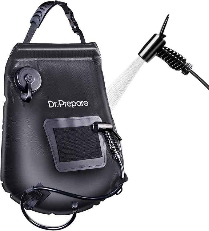 DR.PREPARE Camping Shower, 4 Gallons 15L Portable Camp Shower Bag for Camping Beach Travelling Hiking Trip, Solar Shower Outdoor with On-Off Switchable Shower Head