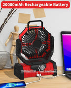 ADUST Camping Portable Battery Operated Powered Fan with LED Lantern Light 20000mAh Rechargeable, Oscillating Fan with 360° Rotation Hanging Hook for Tents, Cordless USB Desk Fan(Red)