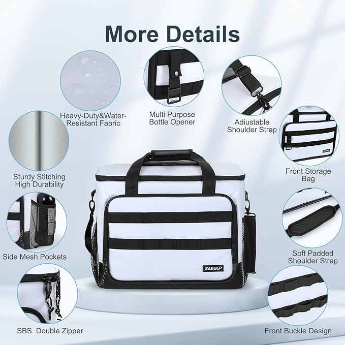 Soft Cooler Bag, 30 Cans Collapsible Cooler with Adjustable Shoulder Straps, White Ice Chest for Camping, Beach, Hiking, Picnic