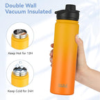 HASLE OUTFITTERS Insulated Water Bottle 22 oz Double Wall Stainless Steel Water Bottle Wide Mouth with Straw Lid & Spout Lid Keeps Cold or Hot(Yellow Orange Gradient,1)