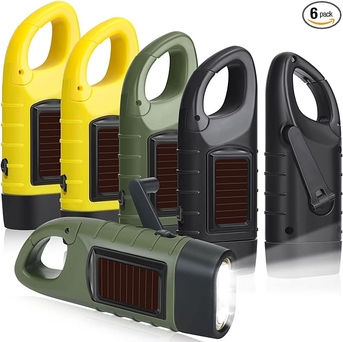 Mudder 6 Pcs Hand Crank Solar Powered Flashlights Emergency Rechargeable LED Handheld Flashlights for Survival Gear Outdoor Sports Camping Hiking Backpack Safety(Green Yellow Black)