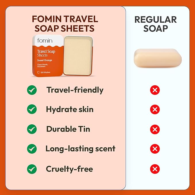 FOMIN - Antibacterial Paper Soap Sheets for Traveling - 100 Orange Portable Hand Soap Sheets for Travel in Tin - Dissolvable Mini Portable Travel Soap Sheet for Hand Washing, Camping and Hiking