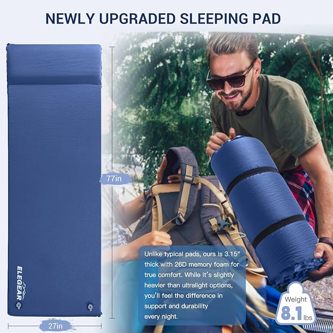 Elegear Self Inflating Sleeping Pad, 3.15" Ultra-Thick Memory Foam Camping Pad with Pillow Fast Inflating in 20s Insulated Camping Mattress Pad 4-Season Camp Sleeping Mat for Camp/Travel/Car/Tent
