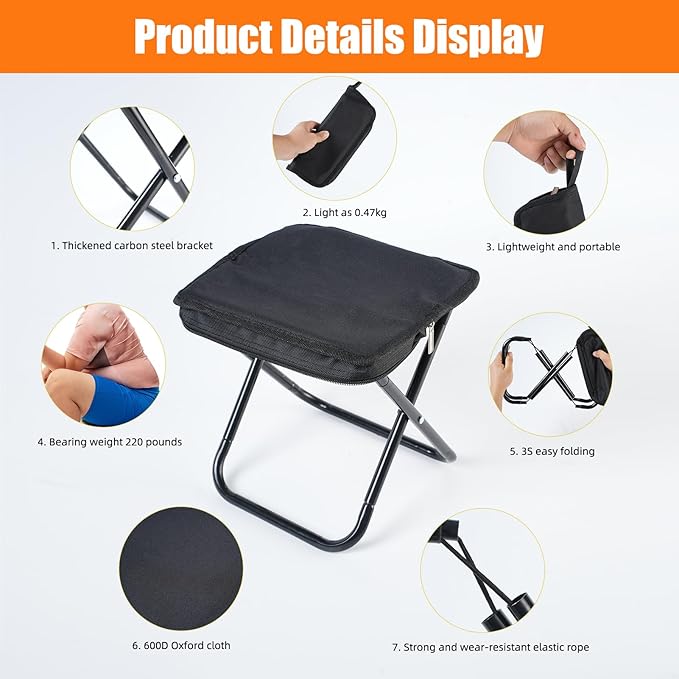 Camping Stool 12 Inch Portable Folding Stool with Carry Bag Weight Load 220lbs Portable Stool for Camping Fishing Hiking BBQ