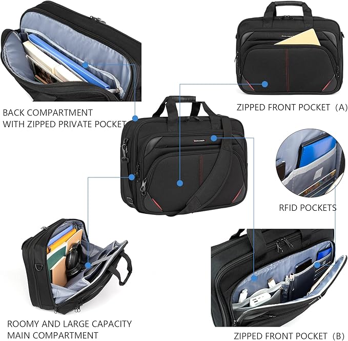 KROSER Laptop Bag 17.3 Inch Premium Laptop Briefcase, Expandable Water Repellent Laptop Shoulder Messenger Bag Durable Computer Case for Business/Travel/Men/Women (Black/Red)