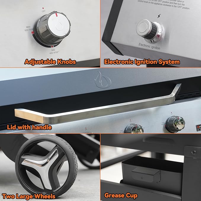 Propane Gas Griddle 4-Burner, Outdoor Gas Stove with 555 sq.in Cooking Area, Foldable Side Tables, Towel Rack, Flat Top Grill Griddle for Patio Barbecue, Backyard, BBQ Party, GS352