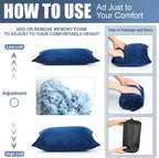 2 Pack Camping Pillow for Sleeping Shredded Memory Foam Travel Pillow with Storage Bag, Compressible Portable Pillow for Outdoor Camp Backpacking Hiking Essential Gear(Blue,Medium)