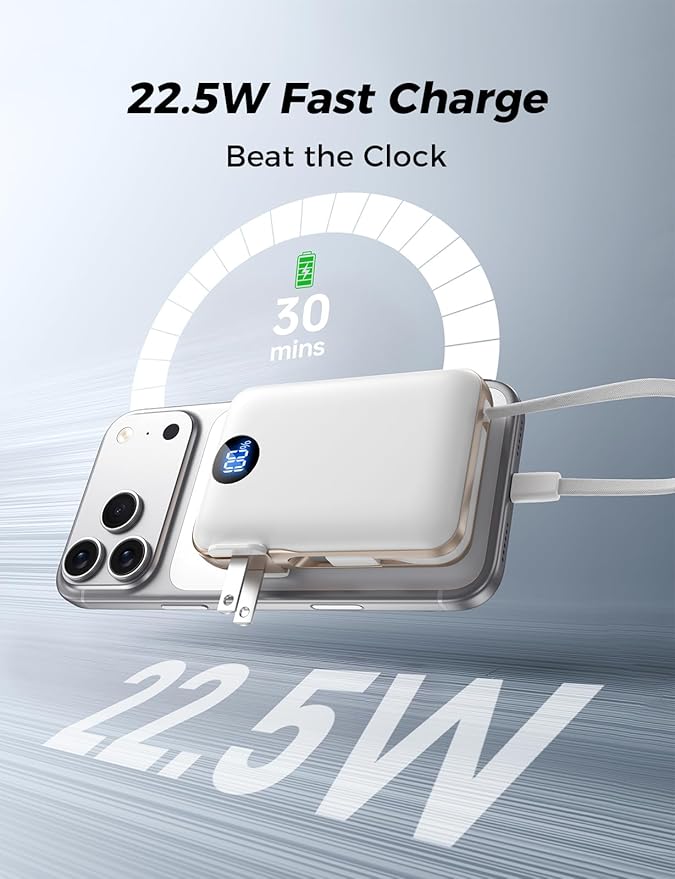 3-in-1 Portable Charger Power Bank 10000mAh Power Bank 22.5W USB C Fast Charging Ivory