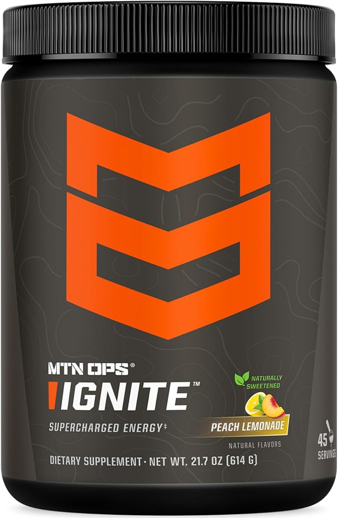 MTN OPS Ignite Energy Drink Powder, Naturally Gluten Free & Sweetened with Monk Fruit, Nitric Oxide Supplement Drink Mix, Caffeine & Nootropic Sugar Free Drink Mix, 45 Servings, Peach Lemonade