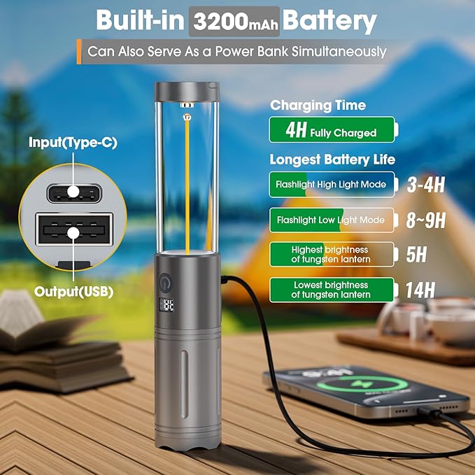 2 in 1 LED Camping Lantern, 2500mAh Rechargeable Camping Light, 6 Modes Outdoor Flashlight Lantern Portable, Waterproof Zoomable Tent Light for Emergency, Hiking, Hurricane, Power Outages