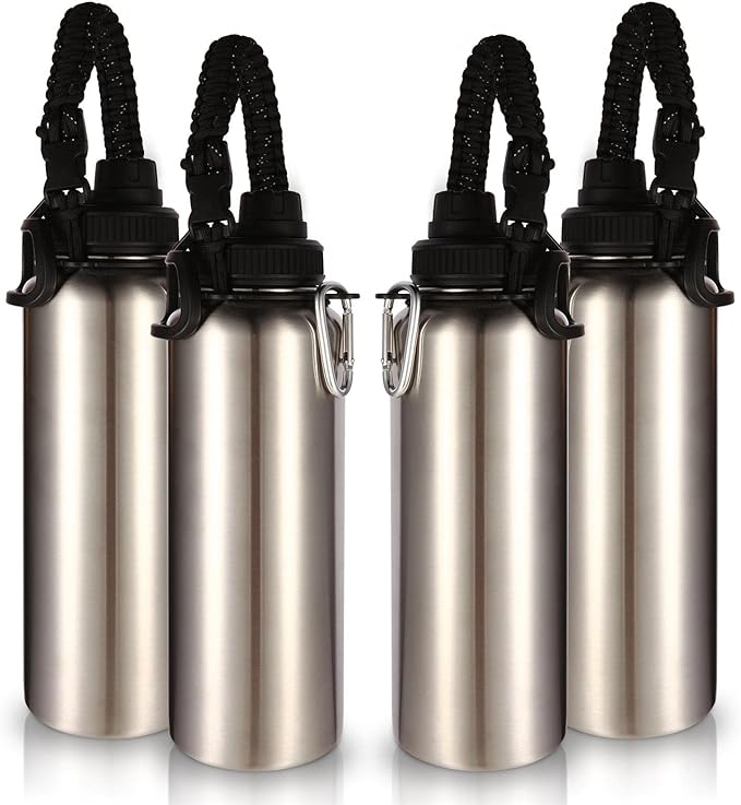 Volhoply Insulated Water Bottles Bulk 4 Pack, 40 oz Stainless Steel Sports Bottle with Paracord Handle & Spout Lid, Double Walled Vacuum Travel Water Cups with Wide for Adults Hiking(Silver,4 Set)