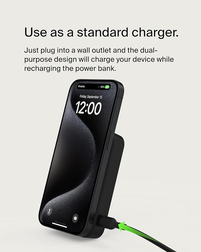 Belkin Portable Charger, Wireless Power Bank 15W 10000 mAh w/ Qi2, MagSafe Charger + Built-in Pop-up Kickstand - iPhone 17, Air, Pro, Pro Max, AirPods, Apple Watch, Google Pixel 10, etc. - Black