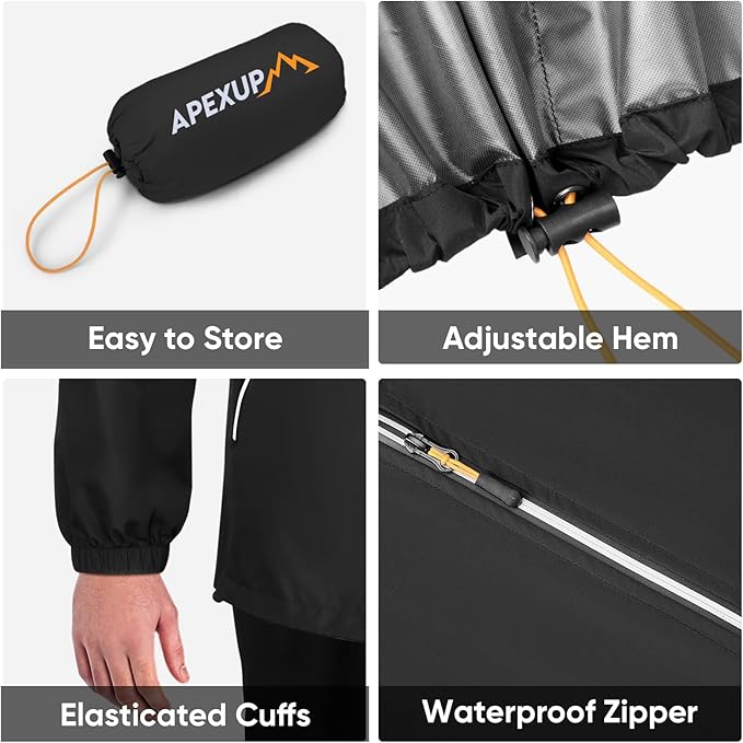 APEXUP Packable Rain Jacket Men with Reflective Zipper, Lightweight Waterproof Raincoat, Mens Rain Jacket for Outdoor Sports