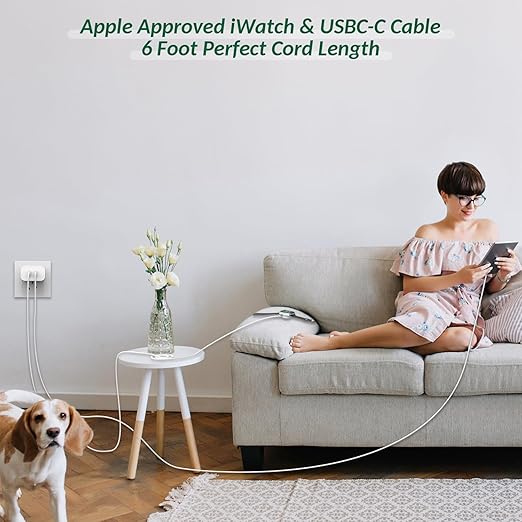 Super Fast Charger for Apple Watch & iPhone, 40W Dual USB C Port Fast Charger Adapter with 6 FT Long Apple iWatch Cable, 6 FT USB C to C Cord Compatible with Apple Watch Series 9/8/7/SE/6/5, iPhone 15
