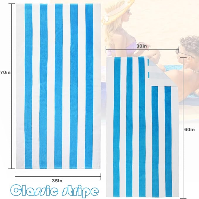 Exclusivo Mezcla 2 Pack Cotton Large 30x60 Inches Cabana Stripe Beach Towels, Super Absorbent Soft Plush Pool Bath Towel (Blue)