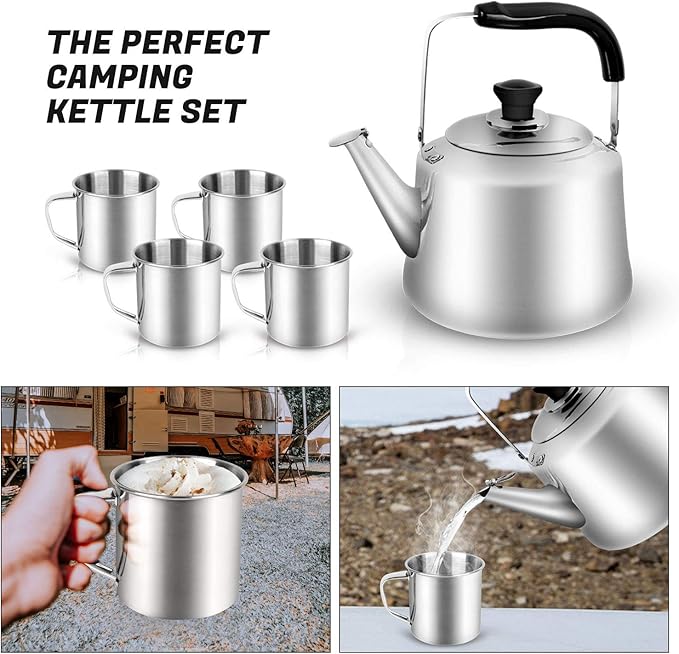 Odoland 4L Camping Kettle Set with 4 Cups, Durable Stainless Steel Camp Tea Coffee Water Pot with 4 Mugs for Hiking, Backpacking, Outdoor Camping and Picnic, Carrying Bag Included