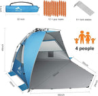 Oileus X-Large 4 Person Beach Tent Sun Shelter - Portable Sun Shade Instant Tent for Beach with Carrying Bag, Stakes, 6 Sand Pockets, Anti UV for Fishing Hiking Camping, Waterproof Windproof, Blue