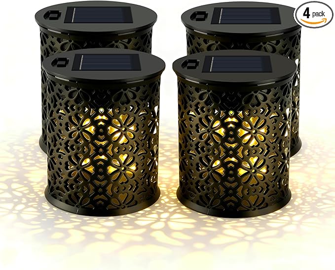uuffoo Small Solar Outdoor Lanterns for Garden & Patio, 4-Pack Decorative Lantern Lights Solar-Powered, Hollow-Out Design, Auto On/Off, Weather-Resistant, 8-Hour Warm Ambient Lighting