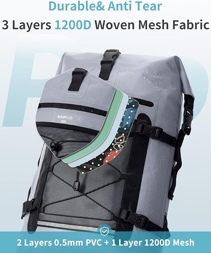ECOHUB Waterproof Backpack for Women Men, 30L Roll-Top Closure Heavy Duty Dry Bag for Travel with IPX8 Waterproof Phone Case