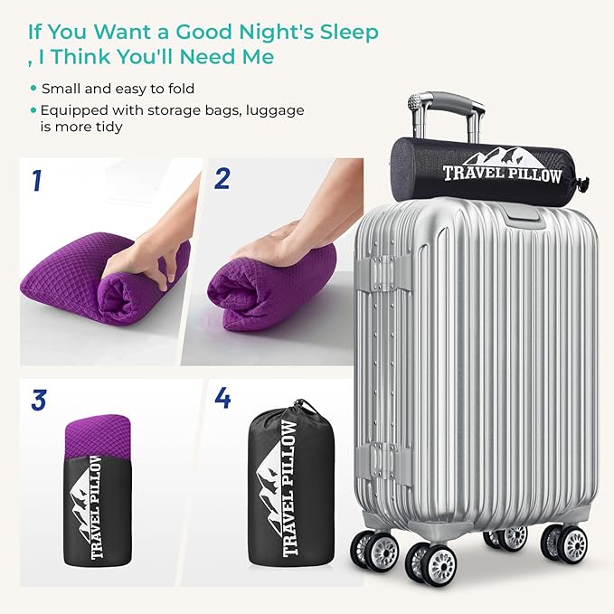 Travel Pillow Memory Foam Pillows, Camping Pillow-Compressible Medium Firm, Breathable Cover, Ideal Backpacking Hiking, Bed Pillows, Airplane and Car (Purple, M)