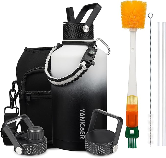 Insulated Water Bottle 64oz,Triple Wall Vacuum Stainless Steel(Dishwasher Safe),Leak Proof & Non-BPA,Flask Jug with Paracord Handle & Straw Spout Lids Sports Gradient black