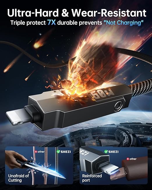 SHEZI Nylon Braided 4 in 1 USB C Cable 60W 5FT Compatible with Lightning Cable, Fast Charging for iPhone/iPad Charger Cord [480Mbps Data Sync],Multi Charging Cable with Type C/USB A, Grey