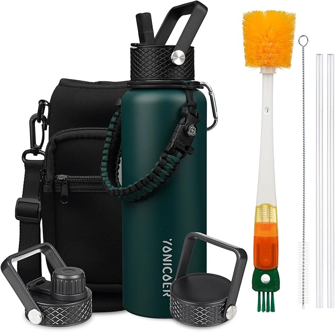 Insulated Water Bottle 40oz,Triple Wall Vacuum Stainless Steel(Dishwasher Safe),Leak Proof & Non-BPA,Flask Jug with Paracord Handle & Straw Spout Lids Sports Green