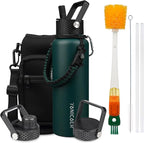 Insulated Water Bottle 40oz,Triple Wall Vacuum Stainless Steel(Dishwasher Safe),Leak Proof & Non-BPA,Flask Jug with Paracord Handle & Straw Spout Lids Sports Green