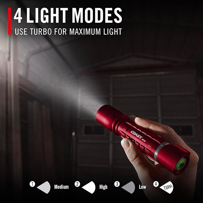 Coast XP11R 2600 Lumen USB-C Rechargeable LED Flashlight with Slide Focus® and Pure Beam® Focusing Optic, 4 Light Modes, Red