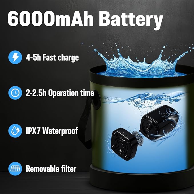 Portable Camping Shower, 6000mAh Rechargeable Shower Pump, Large Capacity Foldable Bucket, 6' 7" Filtered Shower Head, Summer Beach, Outdoor Camp Showering, Hiking, Pet Bath, RV Car Wash, Water Plant