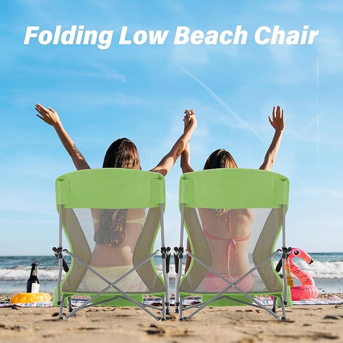Homcosan Portable Low Folding Beach Chair - Lightweight Camping Chair for Adults with Cup Holder & Storage Pocket, Carry Bag Included (Green & Yellow)