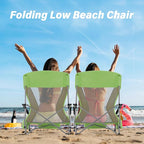 Homcosan Portable Low Folding Beach Chair - Lightweight Camping Chair for Adults with Cup Holder & Storage Pocket, Carry Bag Included (Green & Yellow)