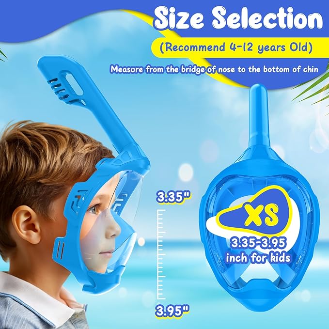 Kids Full Face Snorkel Mask, Snorkeling Gear for Kids, Kids Scuba Mask and Snorkel, Diving Mask, Snorkeling Set, 180 Degree Panoramic View Anti-Fog Anti-Leak