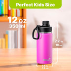 Kids Insulated Water Bottle-12 oz Stainless Steel Vacuum Wide Mouth Sports Water Bottle for School-Small Metal Water Flask for Girls Boys, BPA-Free(Hot Pink)