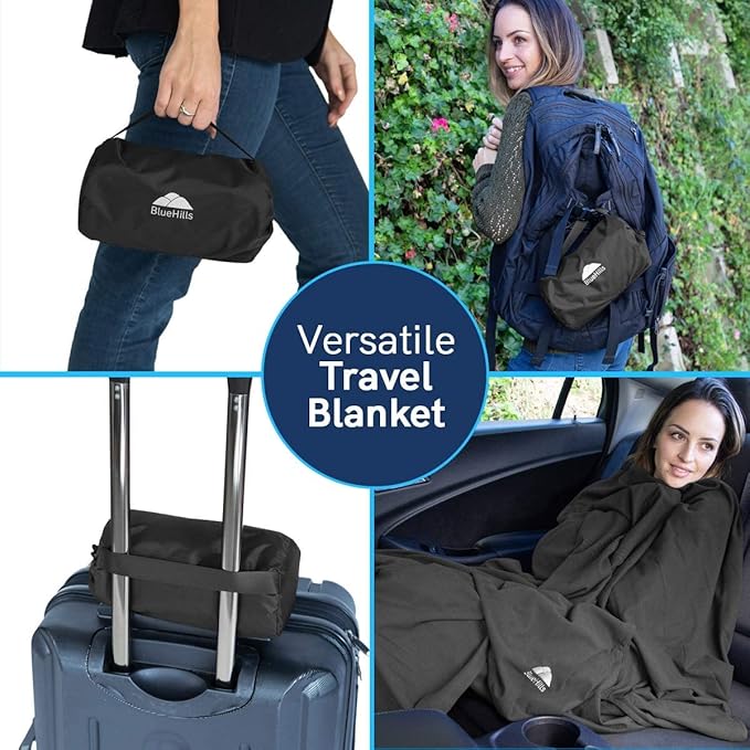 BlueHills Premium Soft Ultra Compact Travel Blanket Value Pack Set of 2 - Airplane Traveling Essentials Flight Blanket in a Portable Car Plane Travel Gift - Black and Royal Blue
