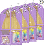 Univivi Dance Costume Bags Garment Bag 40 Inch Hanging Clothes for Dance Competitions, with 3 Medium Clear Zipper Pockets for Dance Costumes, Closet Storage (Purple) - 4 Pack