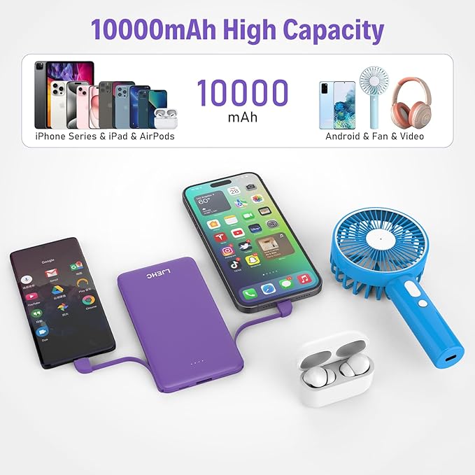 10000mAh Slim Power Bank with Built in Cable,Thin Lightweight Portable Phone Charger,4 Output USB C Travel Essentials External Battery Pack Clutch Charger for iPhone,Samsung,Android,Heated Vest,Purple