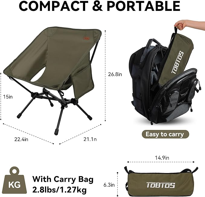 TOBTOS Portable Camping Chair, Support up to 330 LBS, Lightweight Folding Backpacking Chair for Outdoor Camp, Travel, Beach, Picnic, Hiking, Backpacking (Army Green)