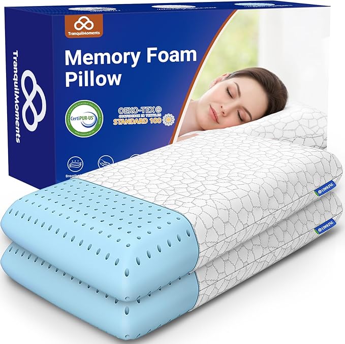 Cooling Memory Foam Pillows, Cooling Bed Pillow, Bed Pillow for Side, Back and Stomach Sleepers, Neck Pillow for Sleeping with Removable and Machine Washable Cover, King Size (2 Pack)