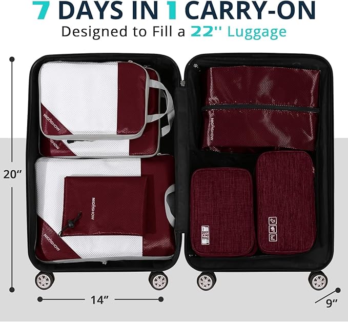 7 Set Compression Packing Cubes for Travel - Compressible, Lightweight, and Space-Saving Packing Cubes, Travel Essentials for Women, Wine