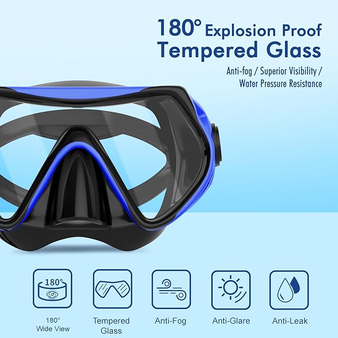 Snorkeling Gear for Adults, JRing Snorkel Mask Set with 180 Degree Tempered Glass Anti Fog Goggles Scuba Dry Top Snorkel for Swimming, Scuba Diving Mask for Men Women