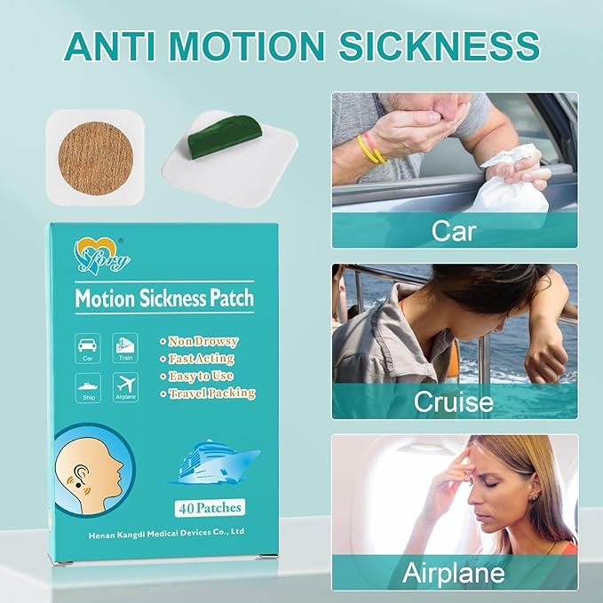 40ct Motion Sickness Patches Non Drowsy – Sea Sickness Patches for Cruise, Car, Airplane, and Other Travel – Waterproof Patch Hidden Behind Ear – Effect Lasts 72 Hours
