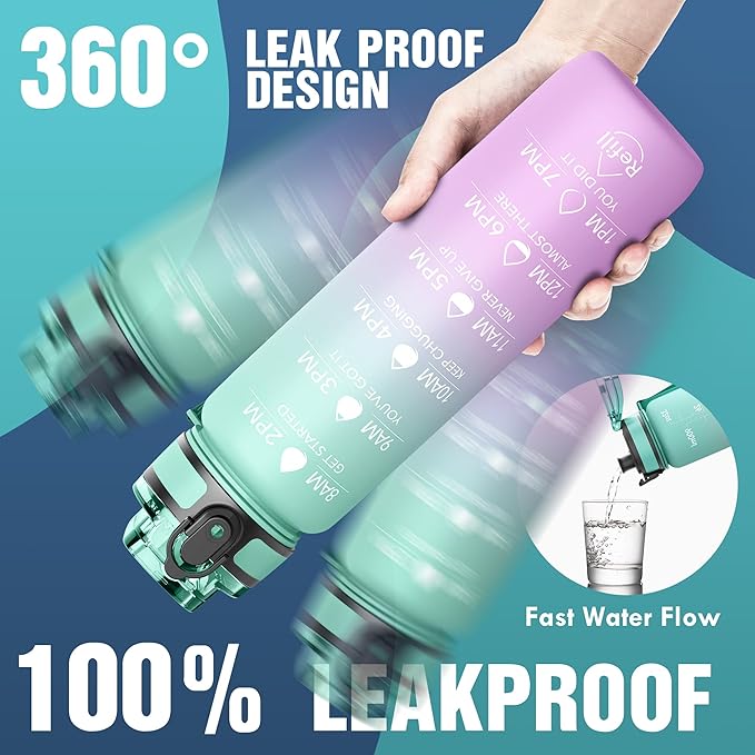 OLDLEY Water Bottle, 32oz Motivational Sports Water Bottle with Time Marker - Times to Drink - Tritan, BPA Free, Wide Mouth Leakproof, Moon Light (1 Bottle)
