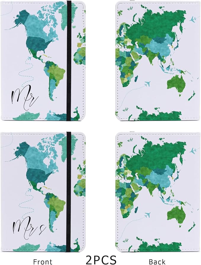 Passport Book Holder,Passport Wallet for Men Mr and Mrs Passport Holder Cover for Women World Map Case for Couples Christmas Traveling Book Protector 2PCS